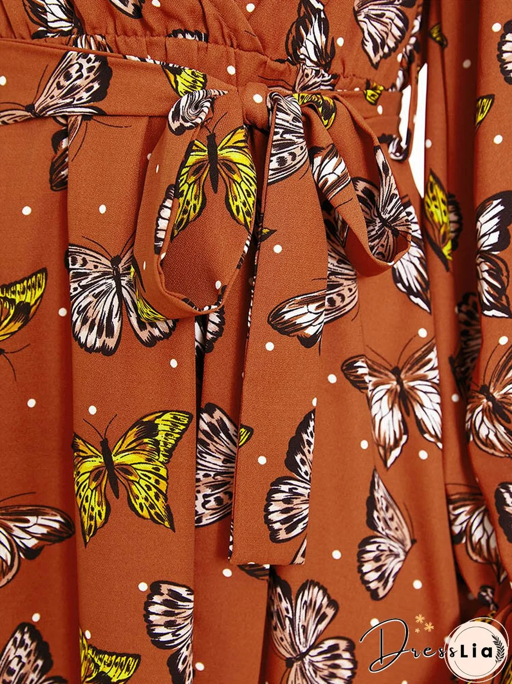 Butterfly Print Belt Long Sleeve V-neck Maxi Dress