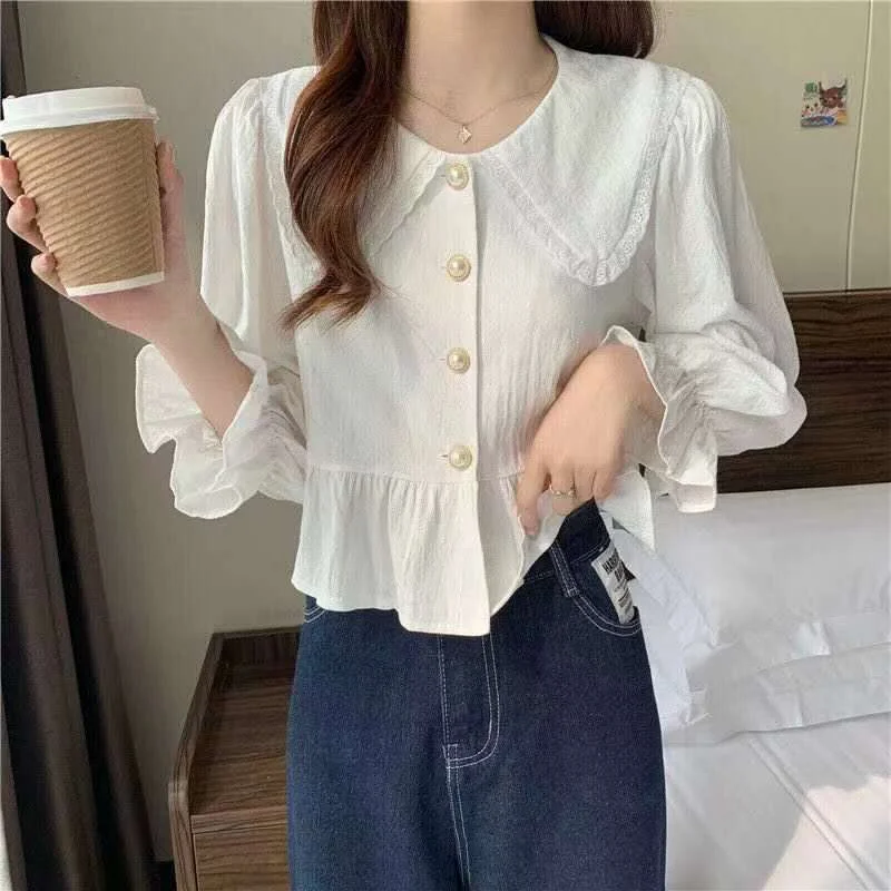 Jangj Spring Summer New Korean Peter Pan Collar Sweet Style White Shirt Puff Sleeves Design Loose Blouse for Female Fashion Shirt