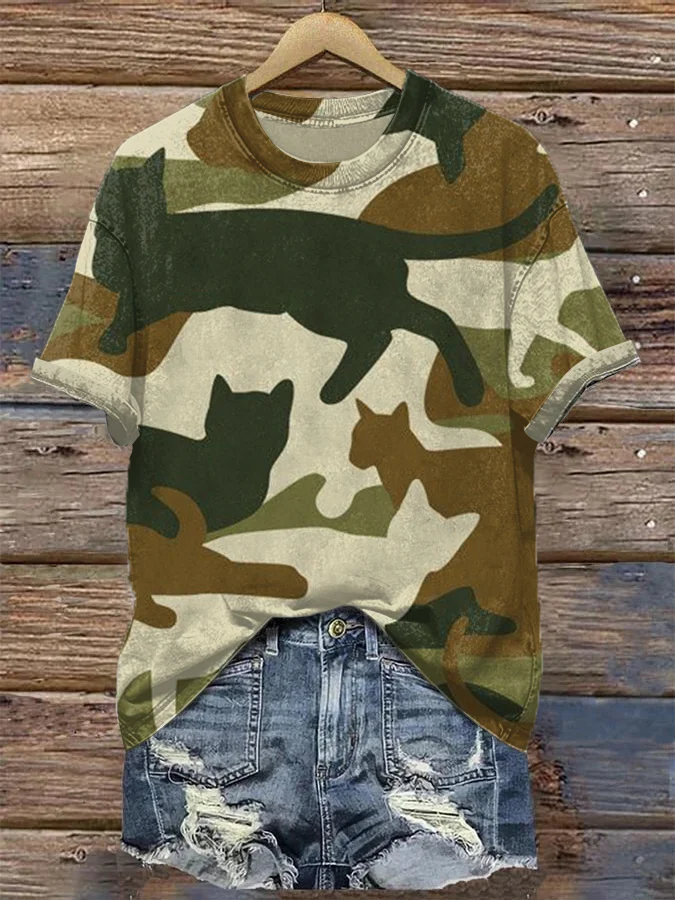 Women's Cats Camouflage Print Casual T-Shirt