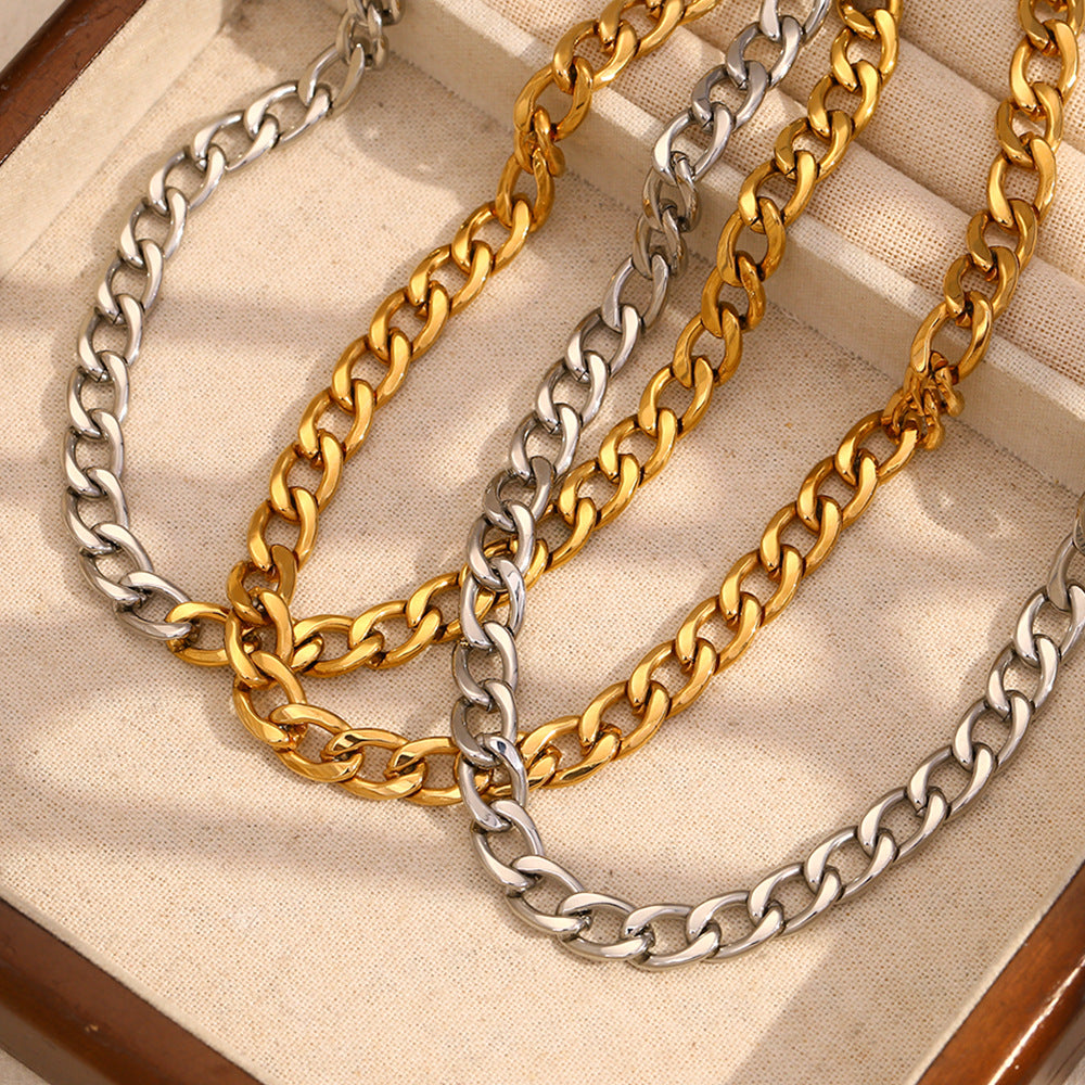 Fashion Hip-Hop Personality Cuban Chain Necklace Stainless Steel Plated 18K Gold Simple Two-Color Polished Chain