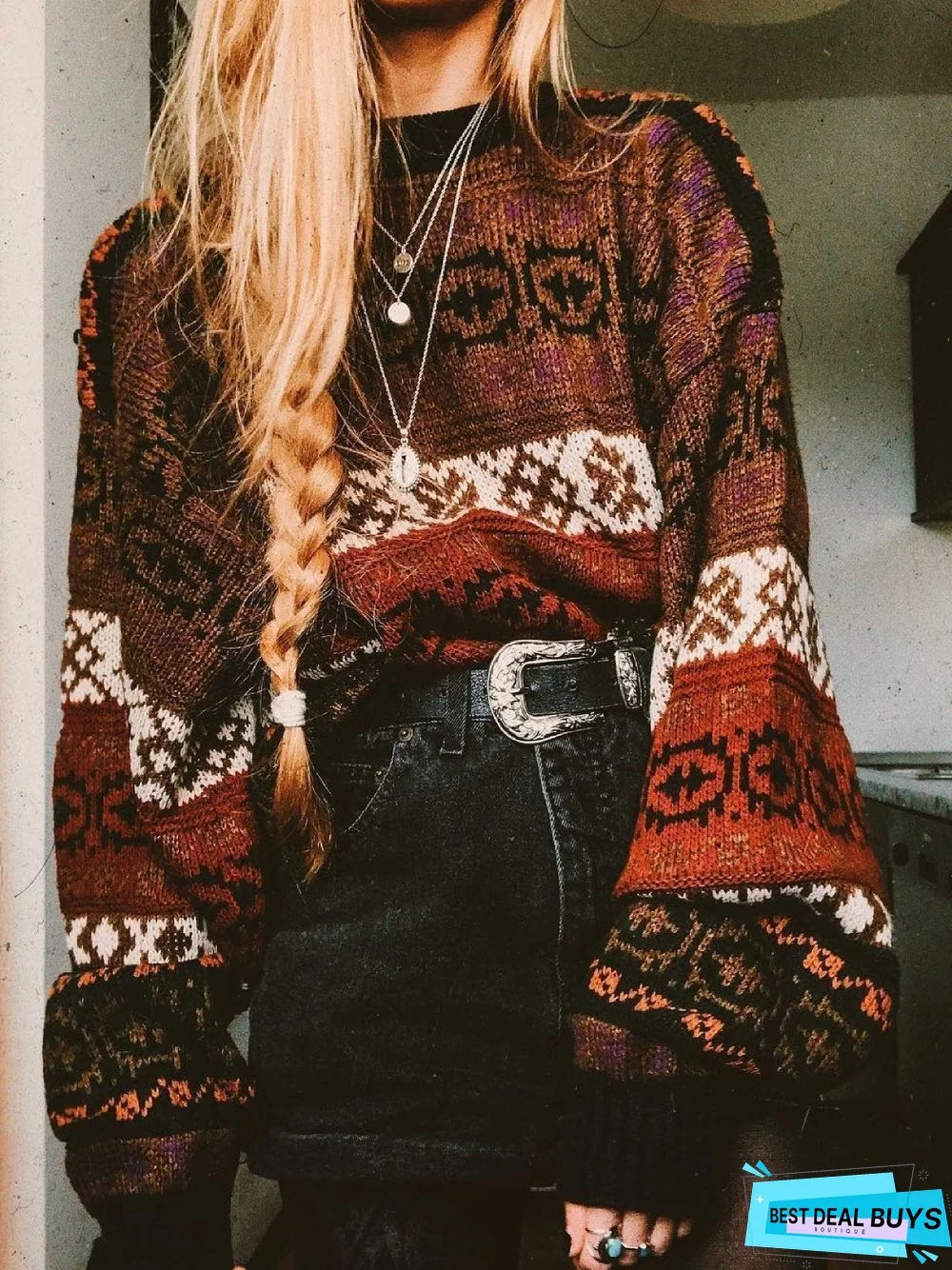 Boho Floral Knitted Shift Sweater