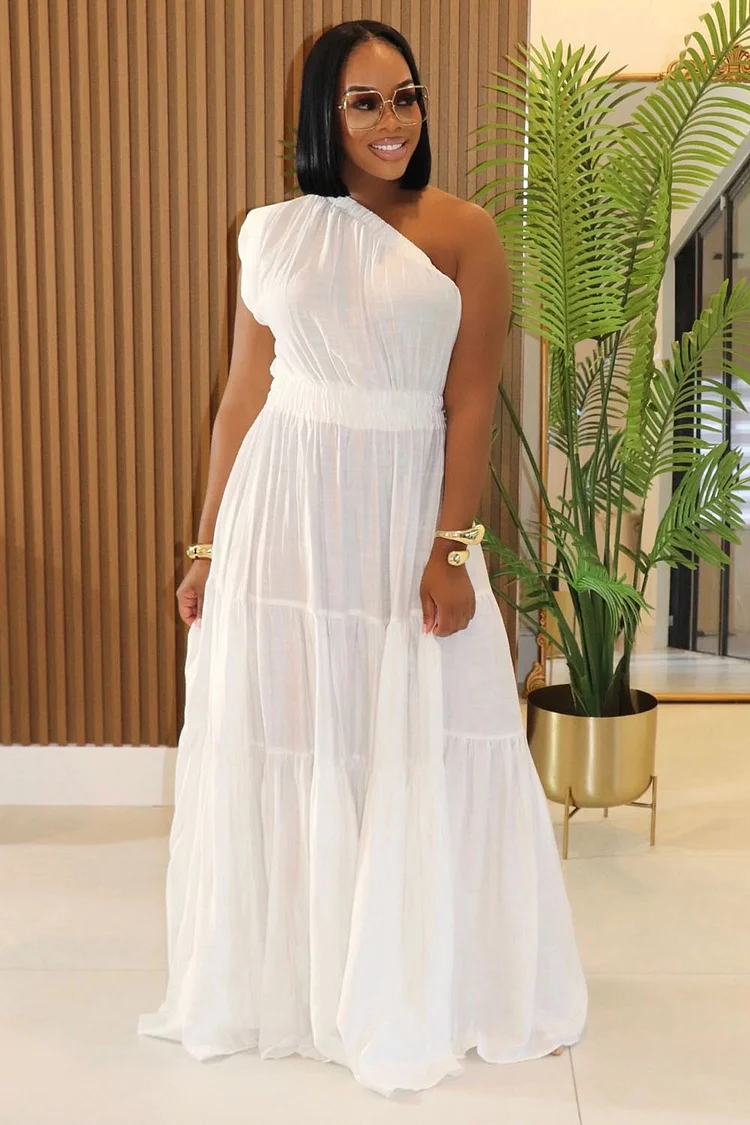 One Shoulder Ruched Waist Quilted Hem Daily Maxi Dresses-White [Pre Order]