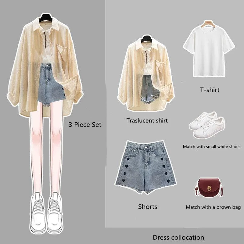 Summer/Spring Casual Outfit Denim Shorts White T-shirt Traslucent Apricot Shirt Set SP16029