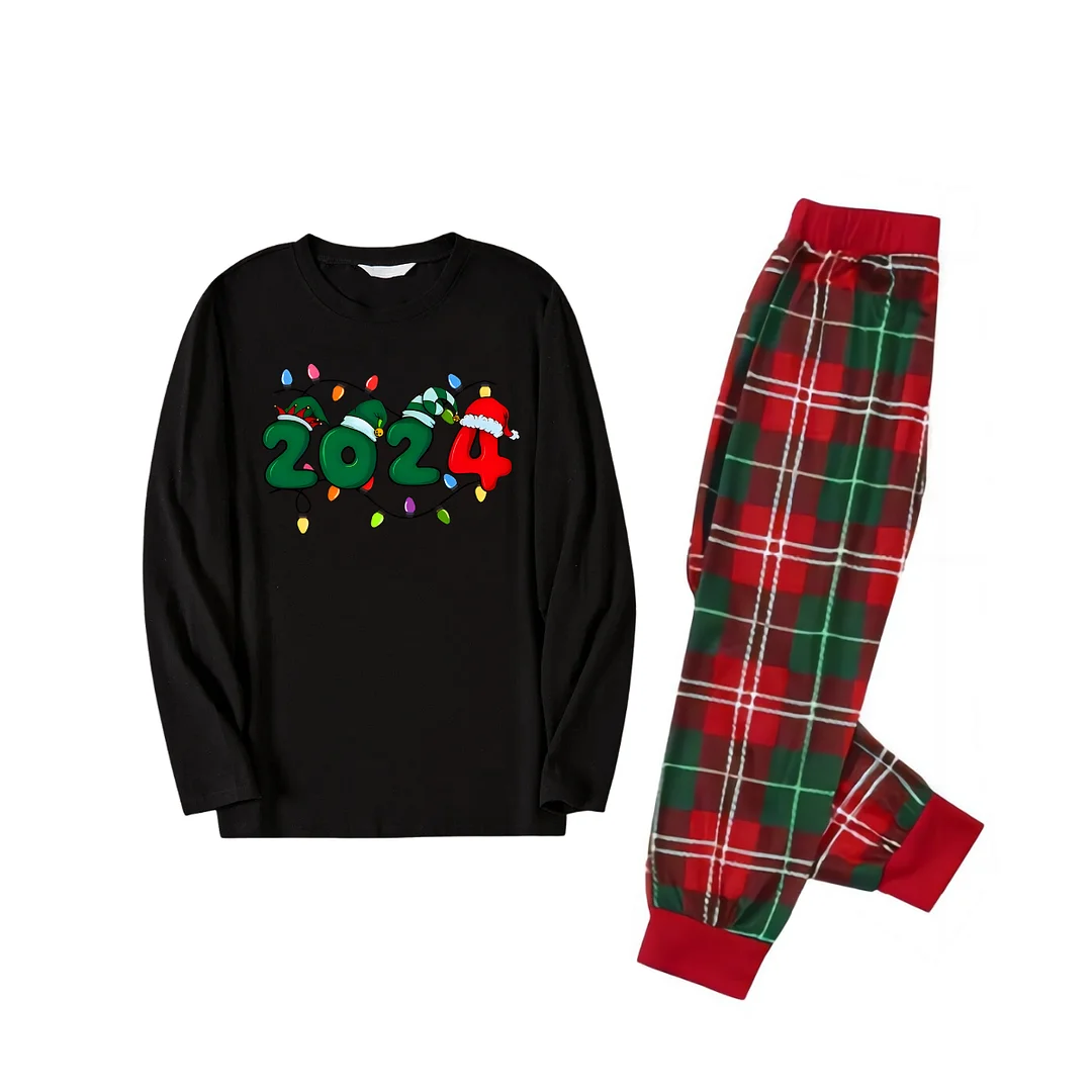 "2024" Text and Christmas Light Printed Red and Green Plaid Family Matching Pajamas