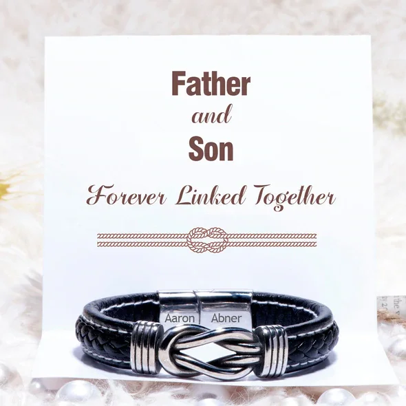 Personalized Name Leather Knot Bracelet "Father and Son Forever Linked Together"