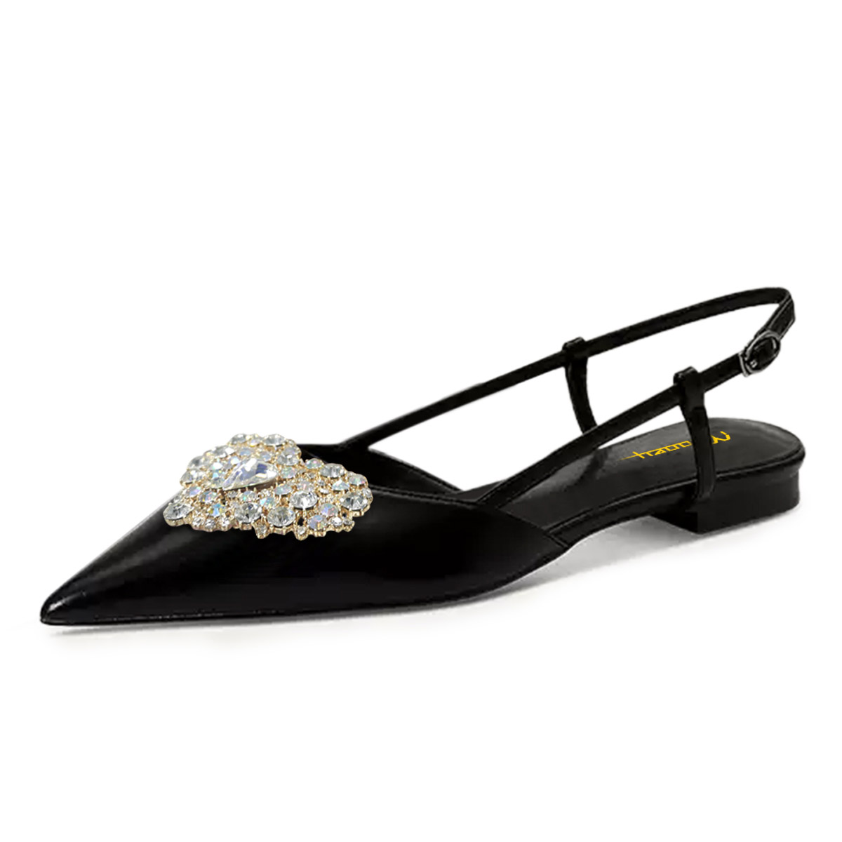 Women's Rhinestone Heart-Shaped Pointed Toe Black Slingback Flats Nicepairs
