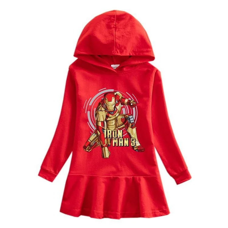 Iron Man 3 Print 2-9 Years Girls Long Sleeve Hooded Frill Cotton Dress-Mayoulove