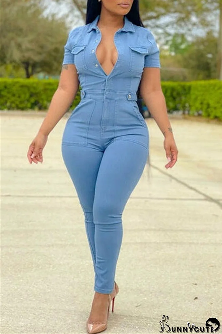 Baby Blue Fashion Casual Solid Patchwork Turndown Collar Regular Jumpsuits