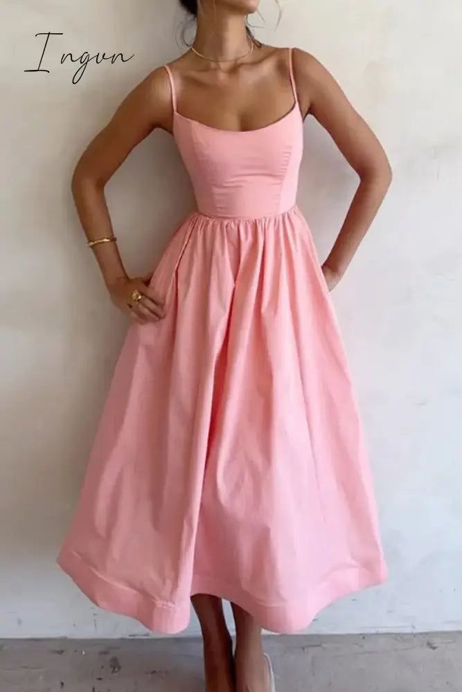 Ingvn - Sexy Solid Fold U Neck Sling Dress Dresses(3 Colors) Pink / S Dresses/Summer Dresses