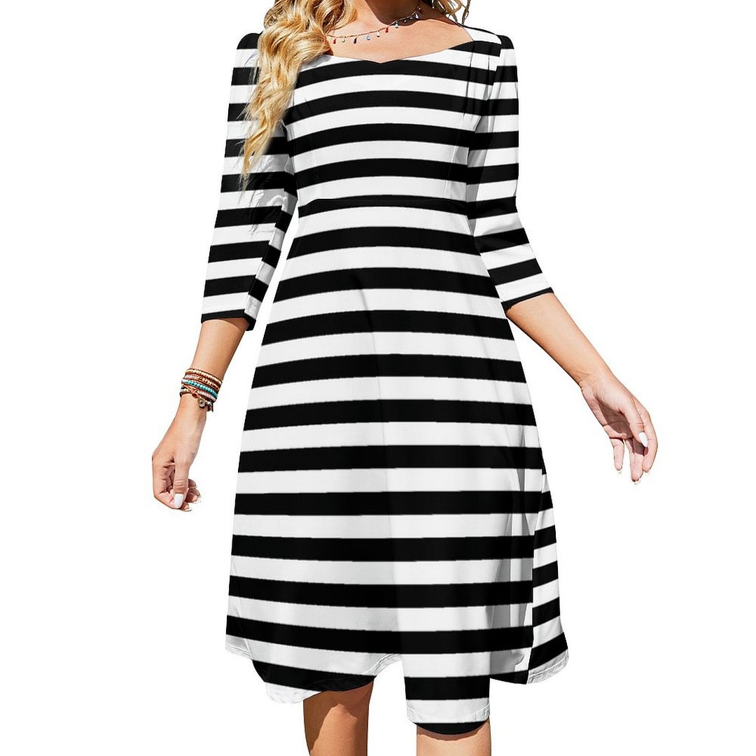 Black And White Stripes Horizontal Dress Sweetheart Tie Back Flared 3/4 Sleeve Midi Dresses