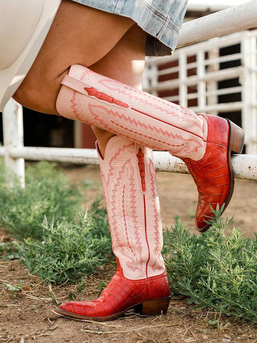 Pink & Red Croco Embossed Embroidered Knee Cowgirl Boots for Women