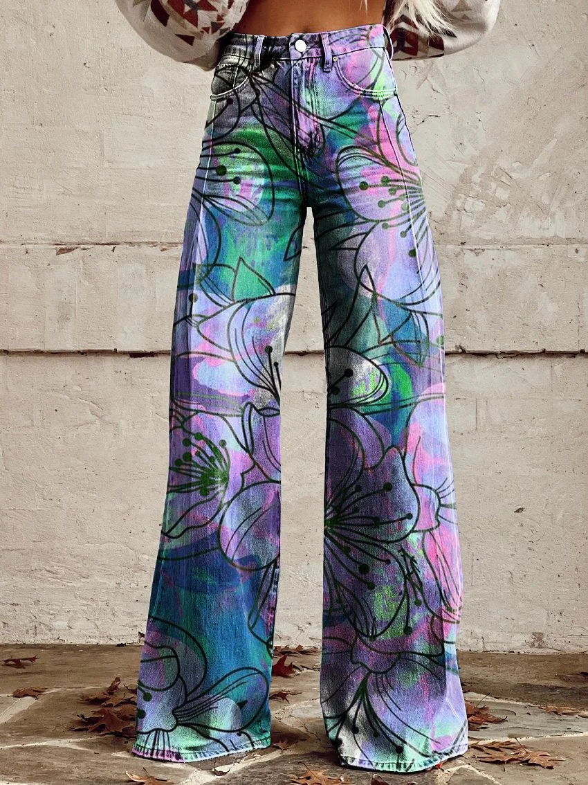 Flower Colorful Women's Print Casual Wide Leg Pants