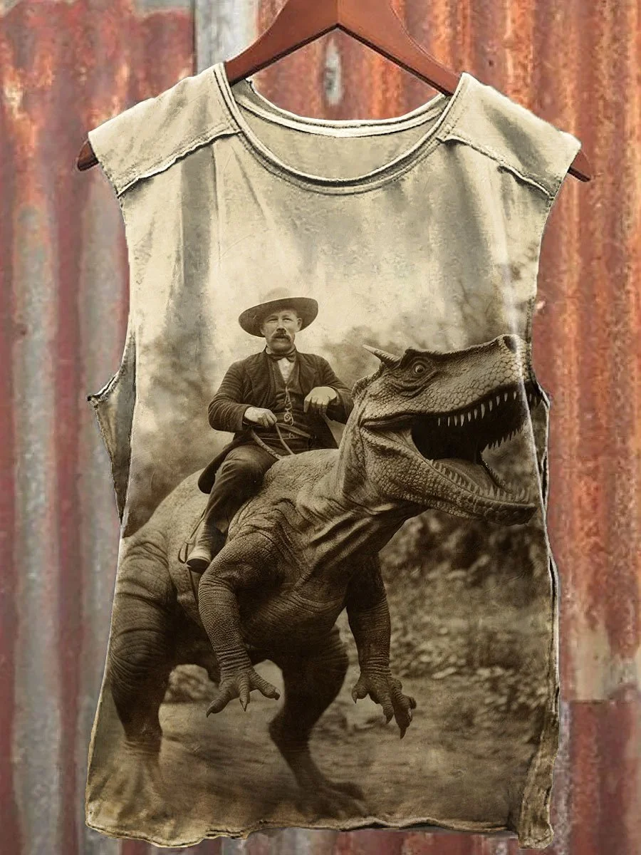 Vintage Cowboy Riding A Dinosaur Art Print Casual Tank Top Eagerlys