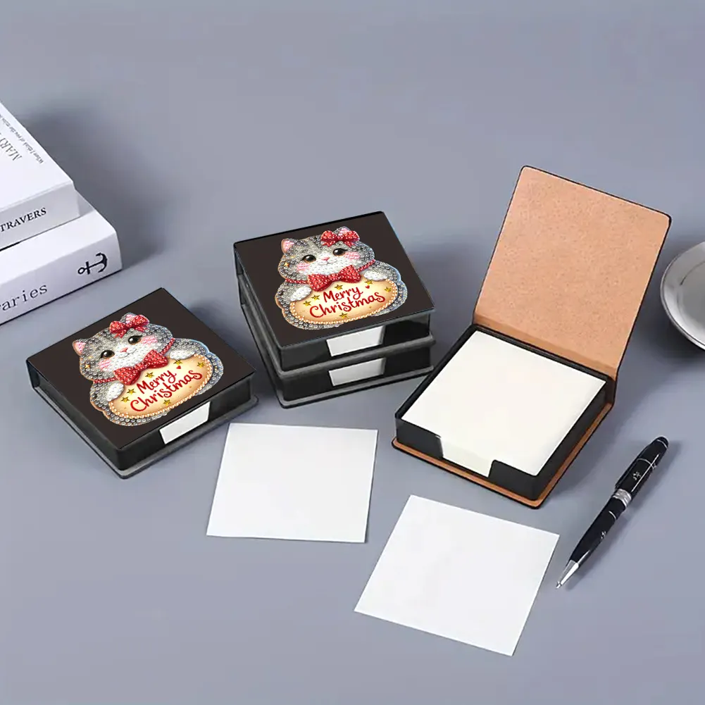 5D DIY PU Diamond Art Note Box with 160 Sheets Paper Memo Pad Holder Kit (Cat)