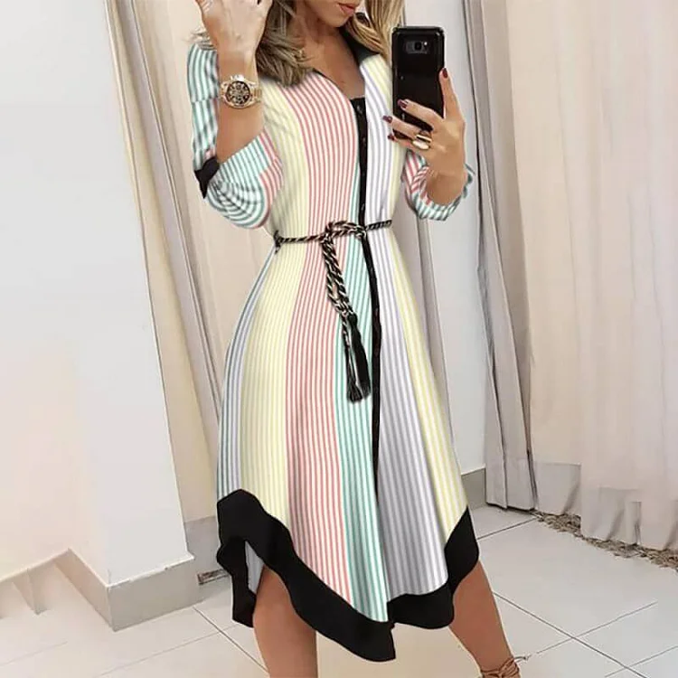 Elegant Print Printing Turndown Collar A Line Dresses
