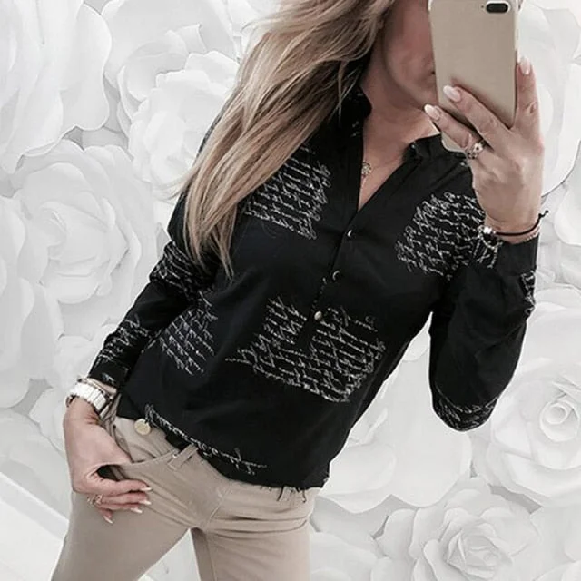 Fashion Women V Neck Letters Printing Blouse