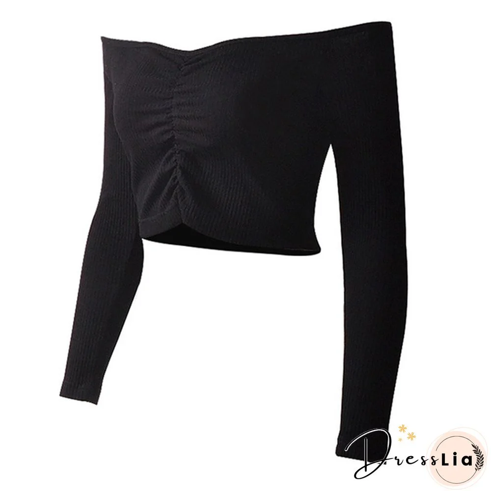 Summer Shirt T-shirt Casual Lady Long Sleeve Wrapped Chest Word Shoulder Fashion Tops