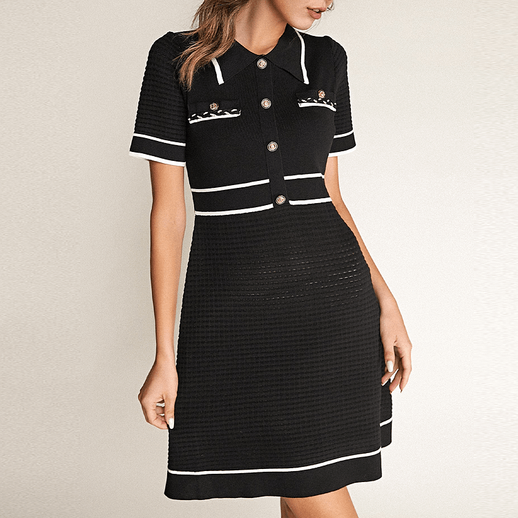 Black Contrast Trim Collared Knitted Mini Dress QueenFunky