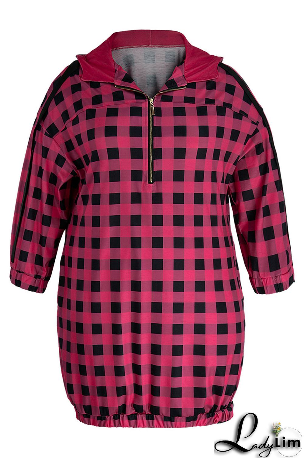 Black Casual Plaid Print Zipper Collar Straight Plus Size Dresses