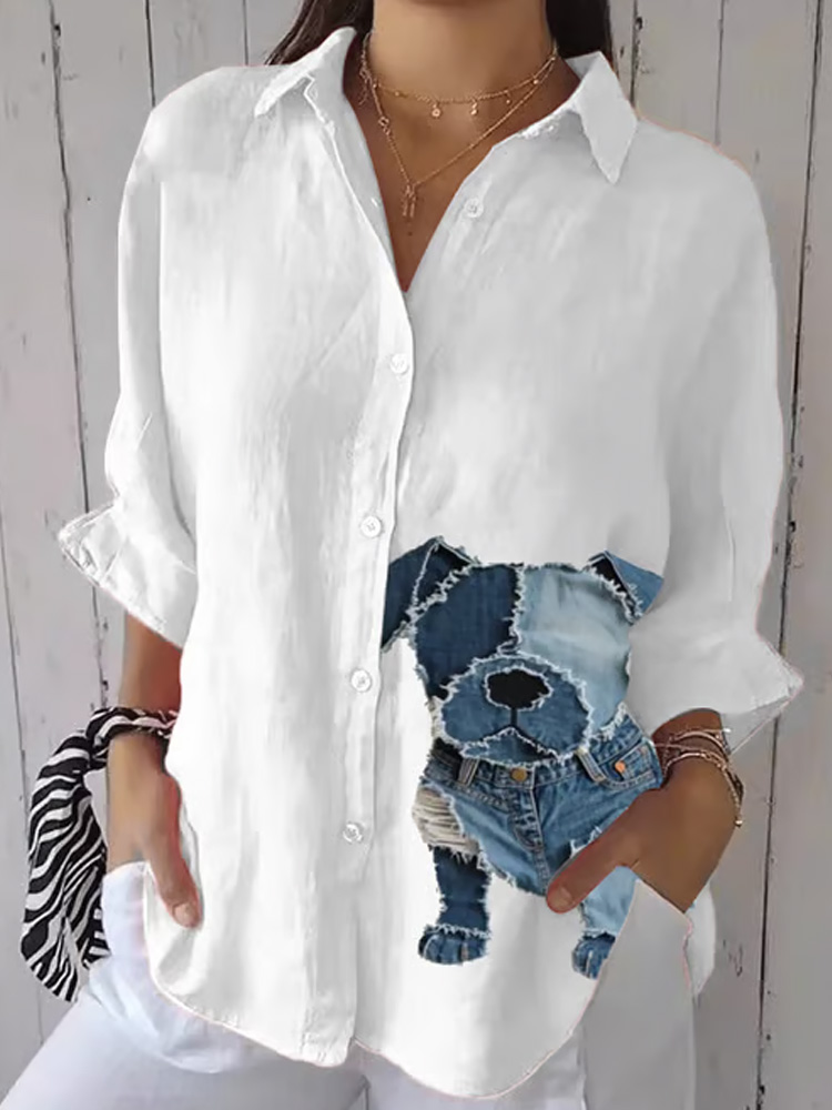 Women's Retro Funny Denim Patch Animal Dog Print Casual Shirt wearshes