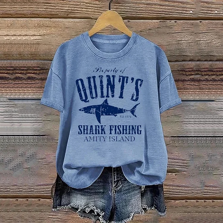 Comstylish Women's Quints Shark Fishing Art Print T-shirt