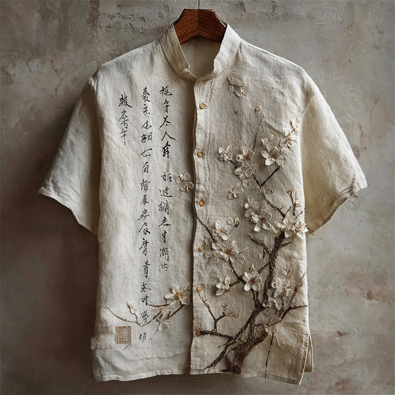 Japanese Almond Blossom Calligraphy Linen Shirt  artssus