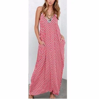 Women Summer  Deep V Sexy Large Swing Dress Loose Wave Multi-color Optional Strap Dress
