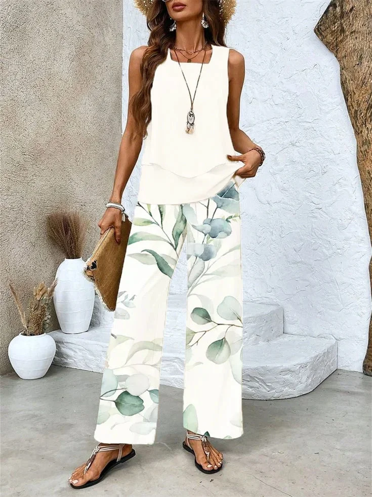 Women's Sleeveless Square Collar Floral Printed Casual Set