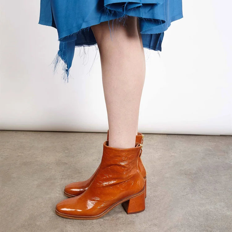 Tan Textured Vegan Leather Round Toe Chunky Heel Ankle Boots Vdcoo