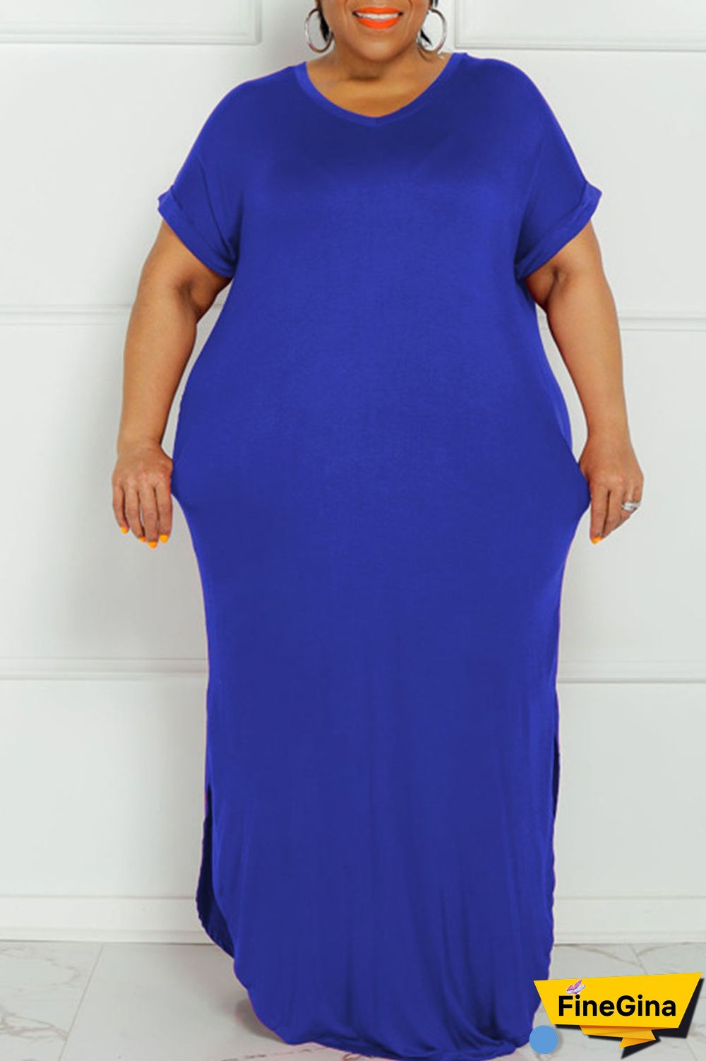 Yellow Casual Solid Patchwork Slit V Neck Straight Plus Size Dresses