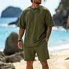 Men's Casual Waffle-Knit Crew Neck T-Shirt And Shorts Set by Inlyline