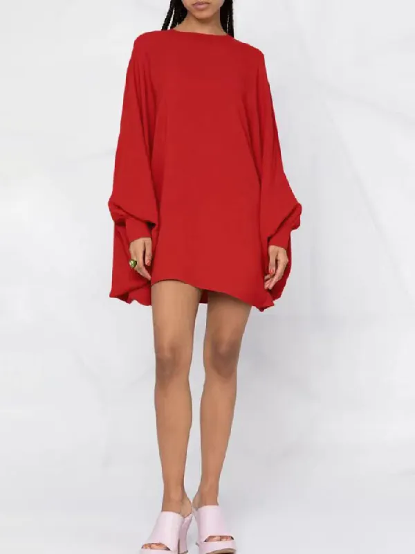 Simple Long Batwing Sleeves Solid Color Round-Neck Mini Dresses RED-One_size