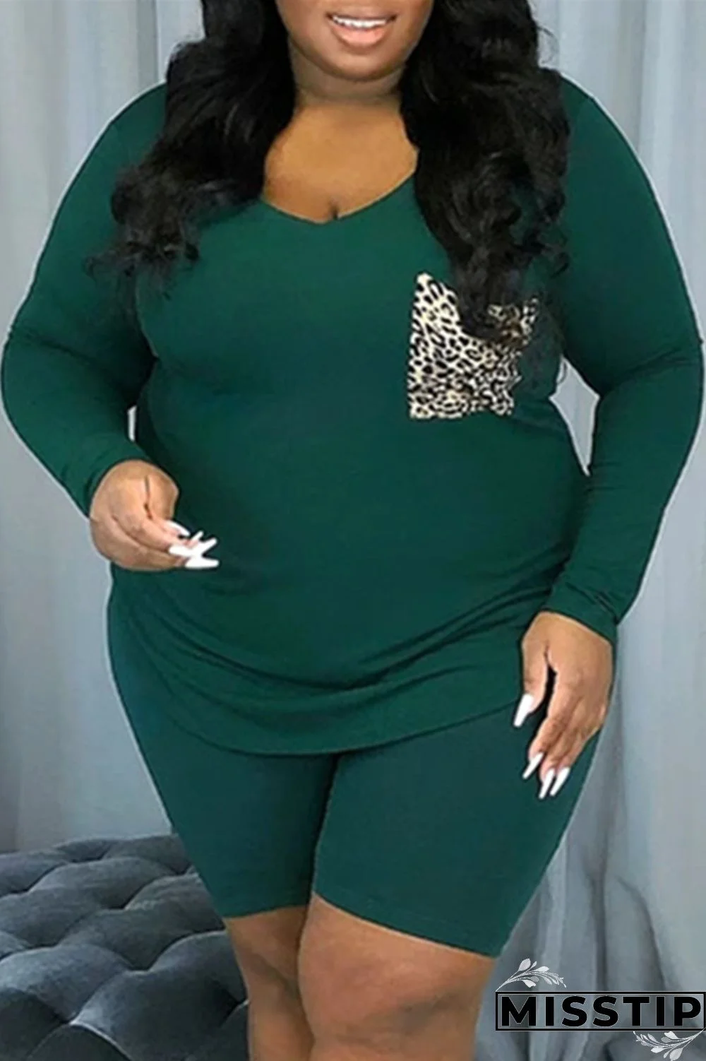Ink Green Fashion Casual Patchwork Basic V Neck Plus Size Set