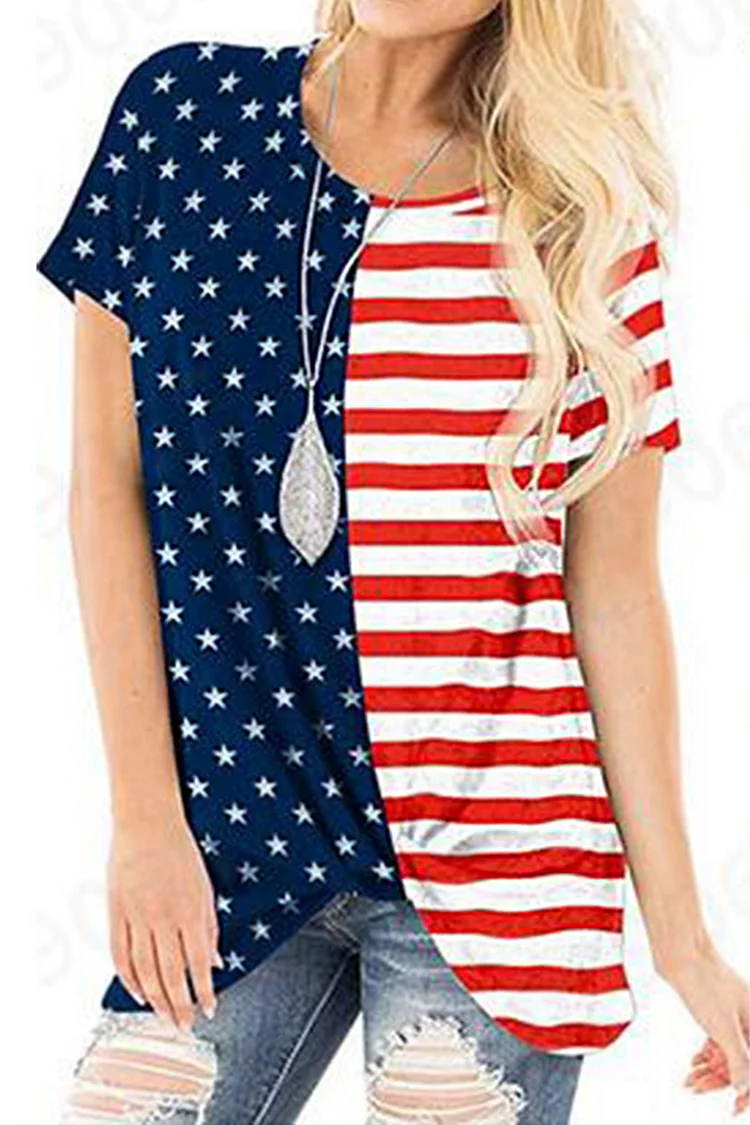 Plus Size Casual Blue Cotton And Linen Stars And Stripes Patchwork Round Neck Blouse  Flycurvy [product_label]