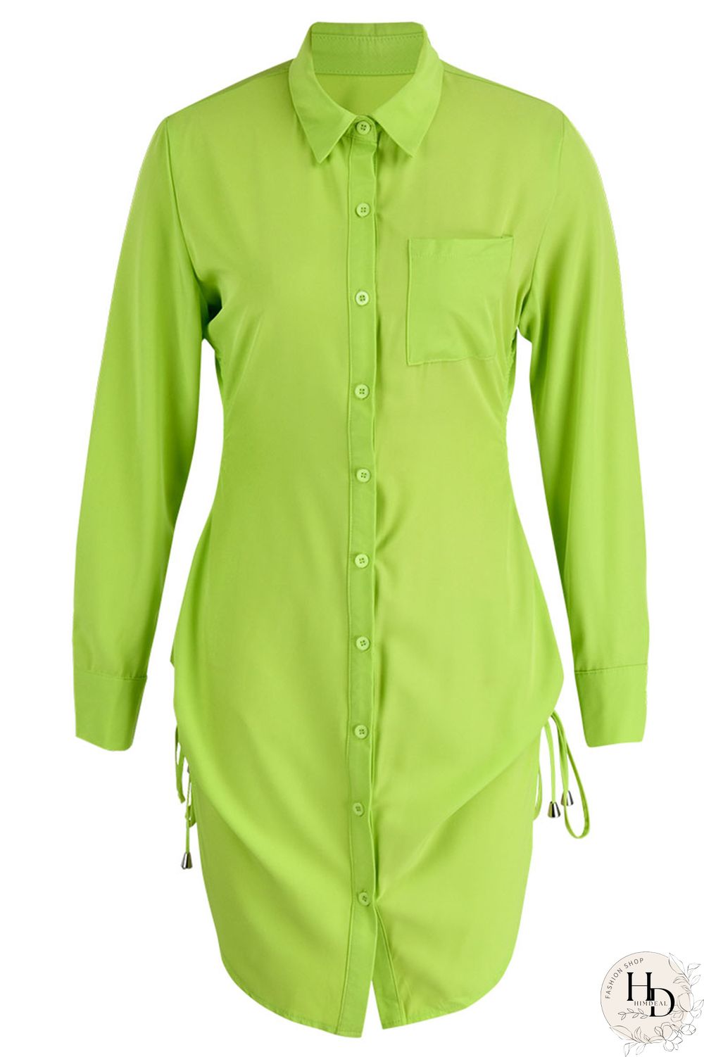 Fluorescent Green Casual Solid Bandage Patchwork Buckle Turndown Collar Shirt Dress Dresses