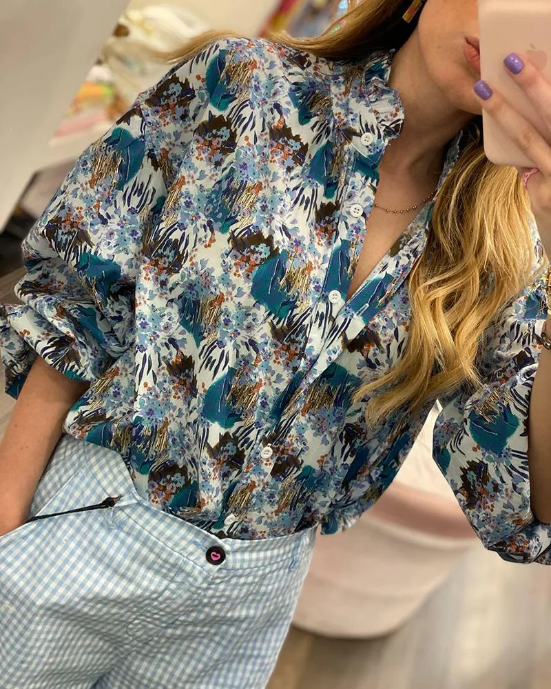 Stylish Two-Piece Set of Printed Shirt & Checked Wide-Leg Pants