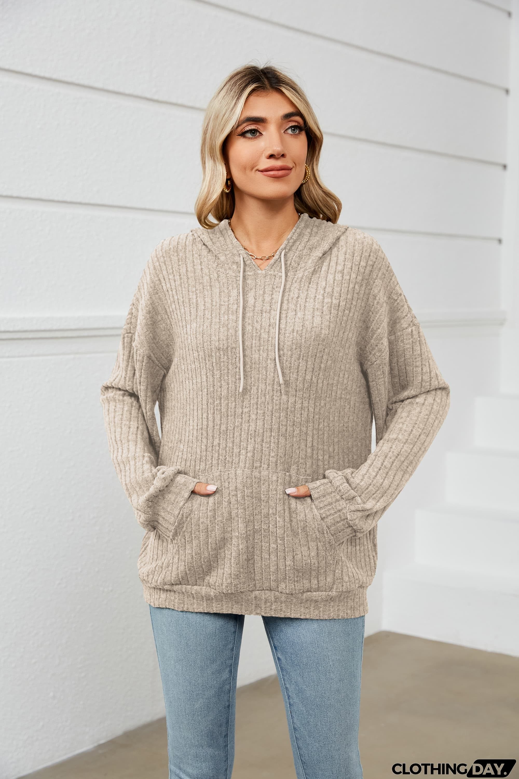 Drawstring Dropped Shoulder Ribbed Hoodie