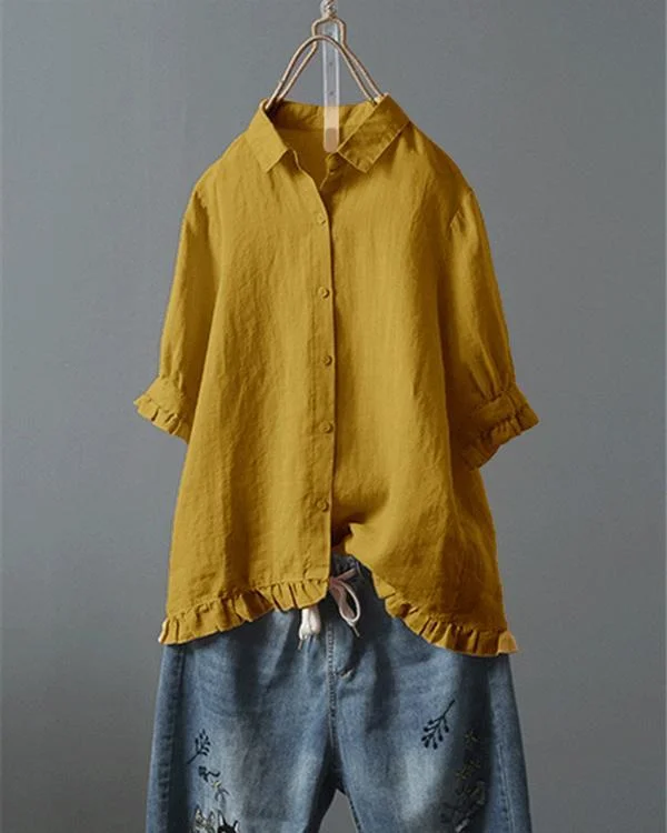 Lace Button Turn Down Collar Solid Color Shirt