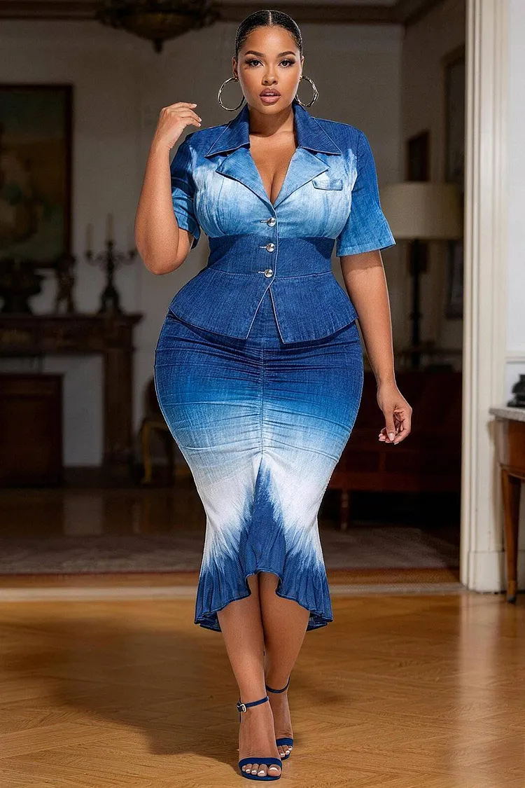Xpluswear Design Plus Size Business Casual Light Blue Gradient Turndown Collar Short Sleeve Bodycon Mermaid Denim Two Piece Skirt Sets [Pre-Order] 2024 - Xpluswear