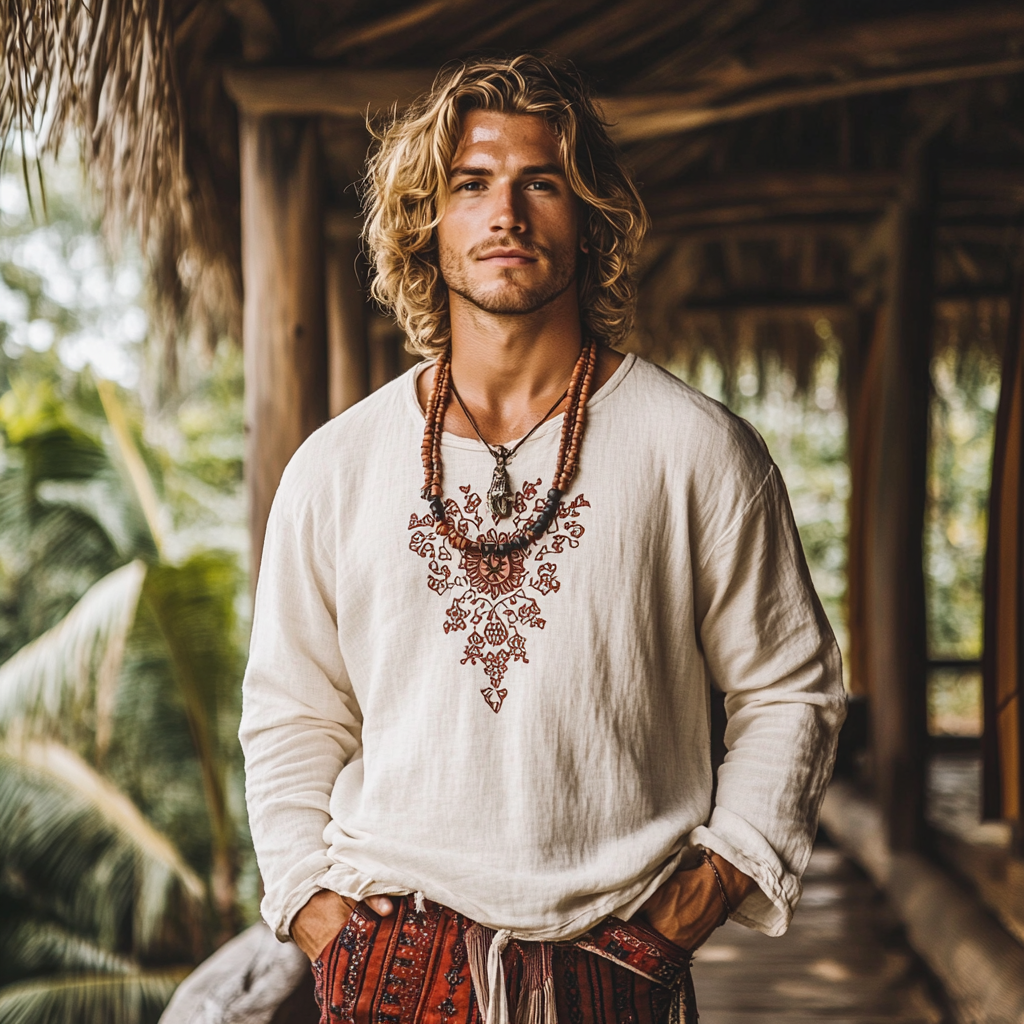 Men's Bohemian Holiday Style Vintage Linen Printed Casual Long Sleeve Top-inspireuse