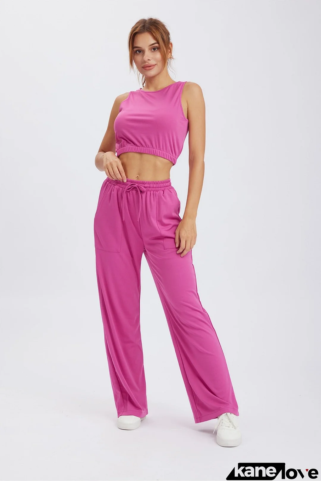 Solid Color Tank Top Drawstring High Waist Long Pants Set