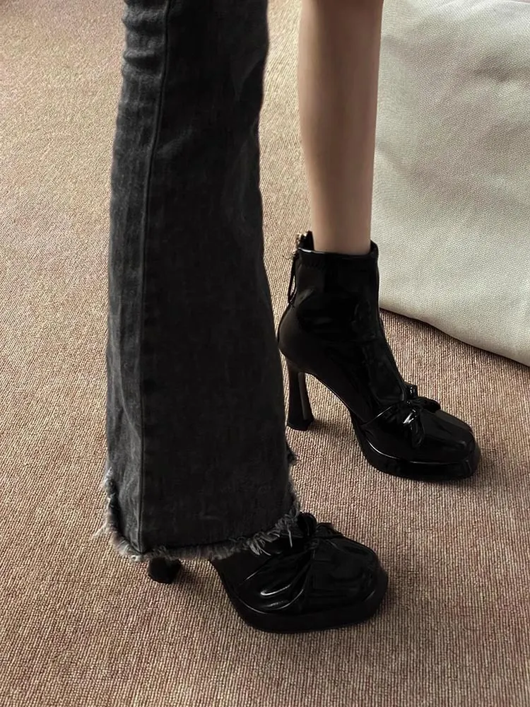 Breakj Breakj With Thick Bottom Height Small Ankle Boots Women 2025 Autumn New Square Bows Short Boots French Elegant Thin Skin Boots