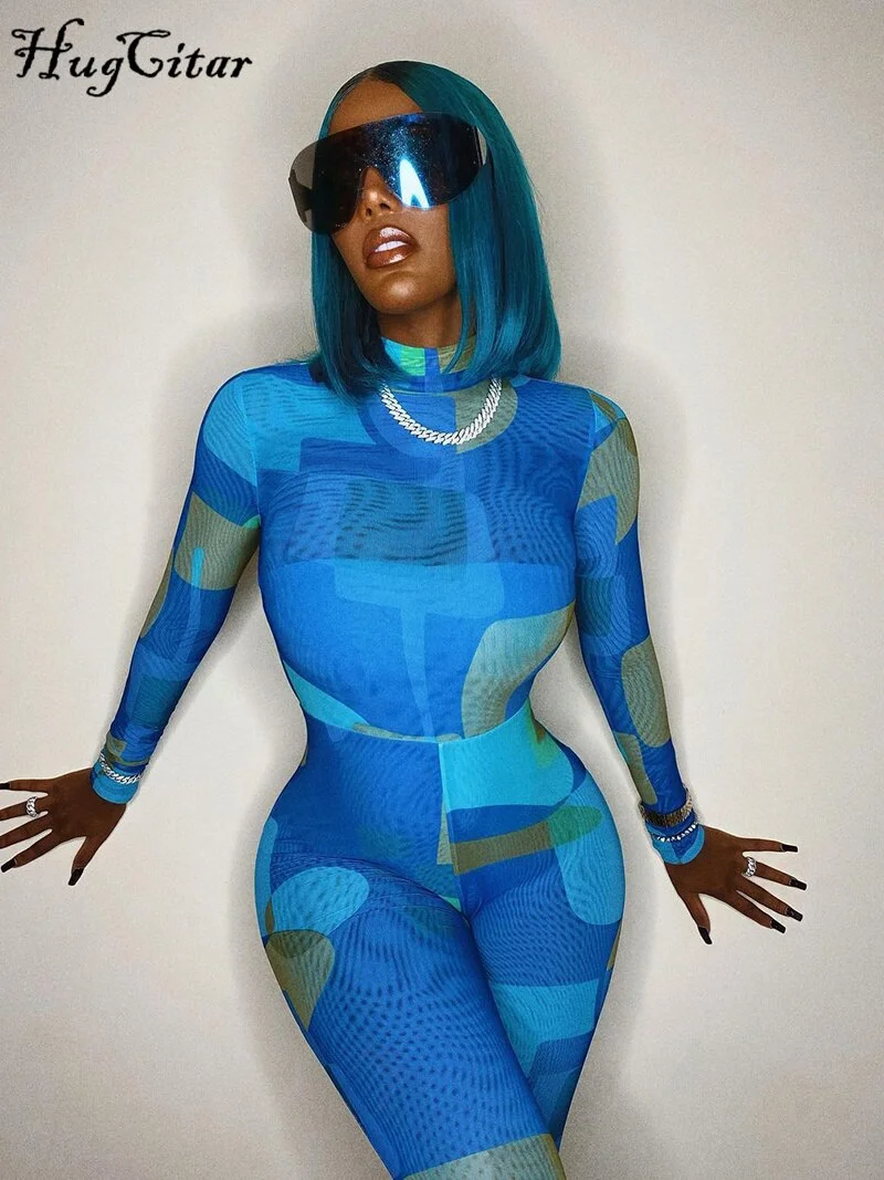 Hugcitar Digital Patchwork Print Satin Long Sleeves O Neck Sexy Jumpsuit 2021 Fall Winter Women Christmas Halloween Party Y2K