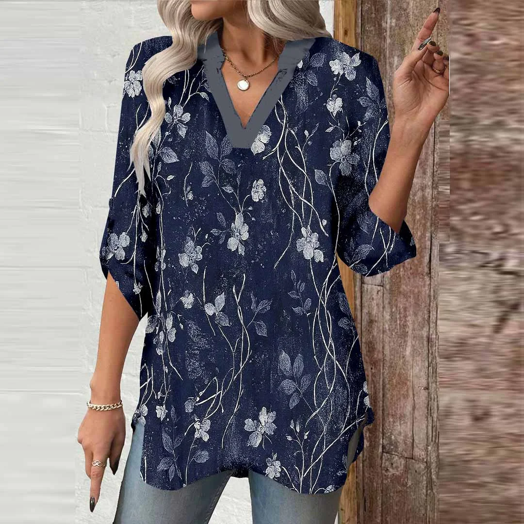Women Floral,White,Dark Blue DZGA0567 3/4 Sleeve V-neck Printed Graphic Button Tops