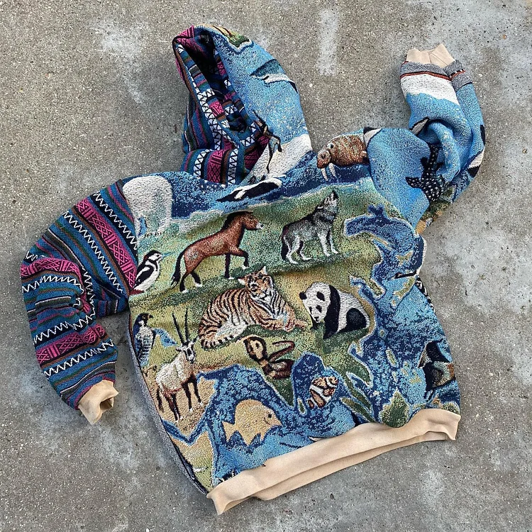 Fashion World Animals Print Casual Street Tapestry Knit Hooded Sweater