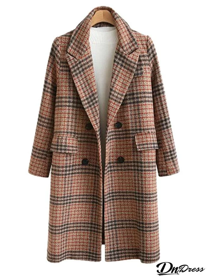 Women Fashion Plaid Lapel Woollen Coat