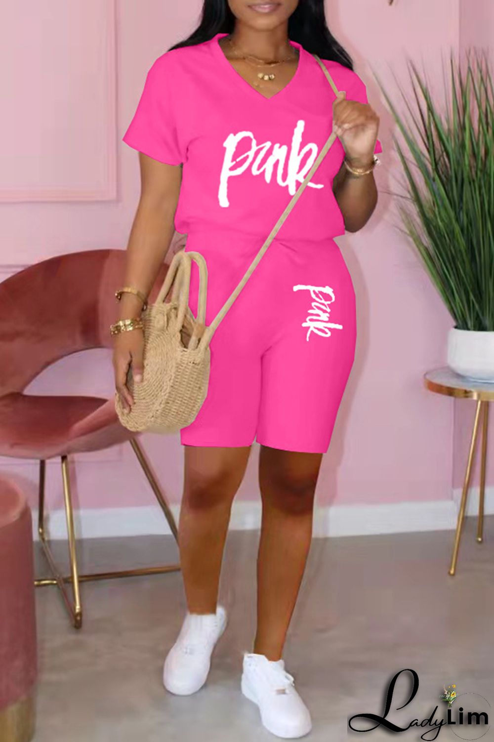 Black Fashion Casual Letter Print Basic V Neck Short Sleeve Two Pieces