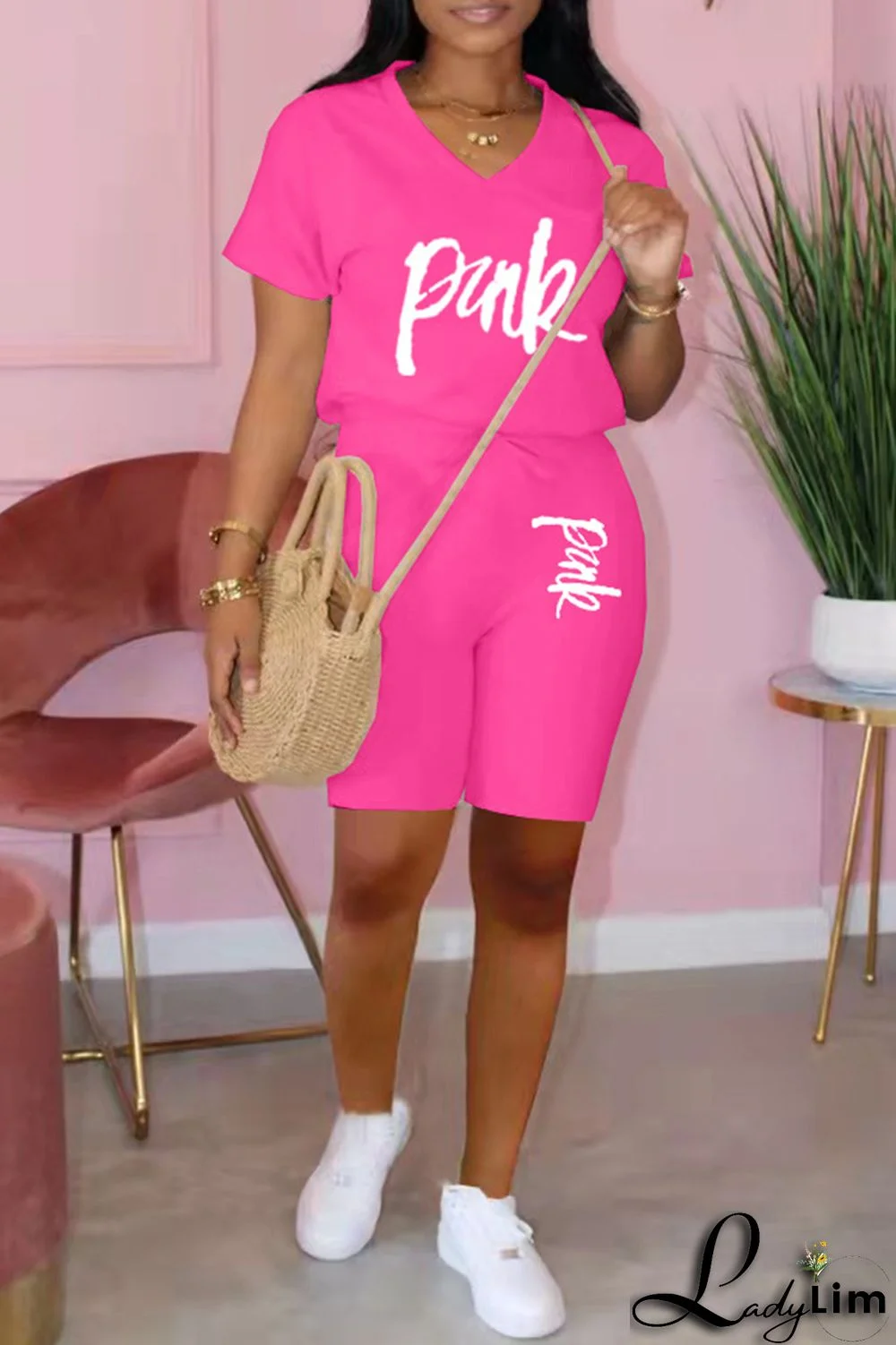 Black Fashion Casual Letter Print Basic V Neck Short Sleeve Two Pieces