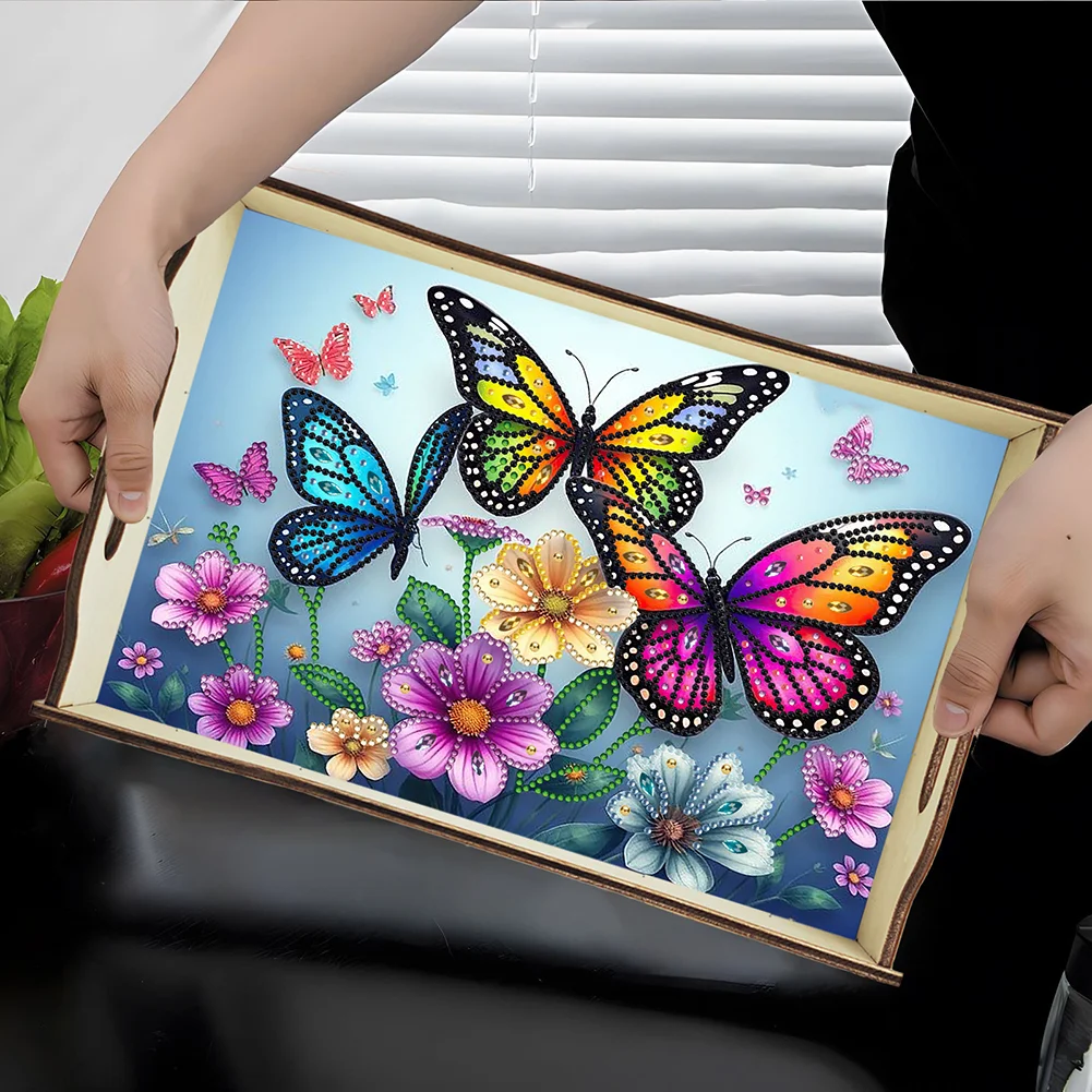 DIY Diamond Painted Dining Plate with Handle Wooden Food Tray Home Decor Gift