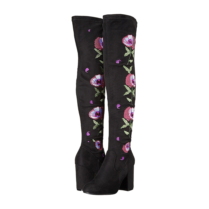 GOOSHOE Black Embroidery Suede Chunky Heel Boots Over the Knee Long Boots